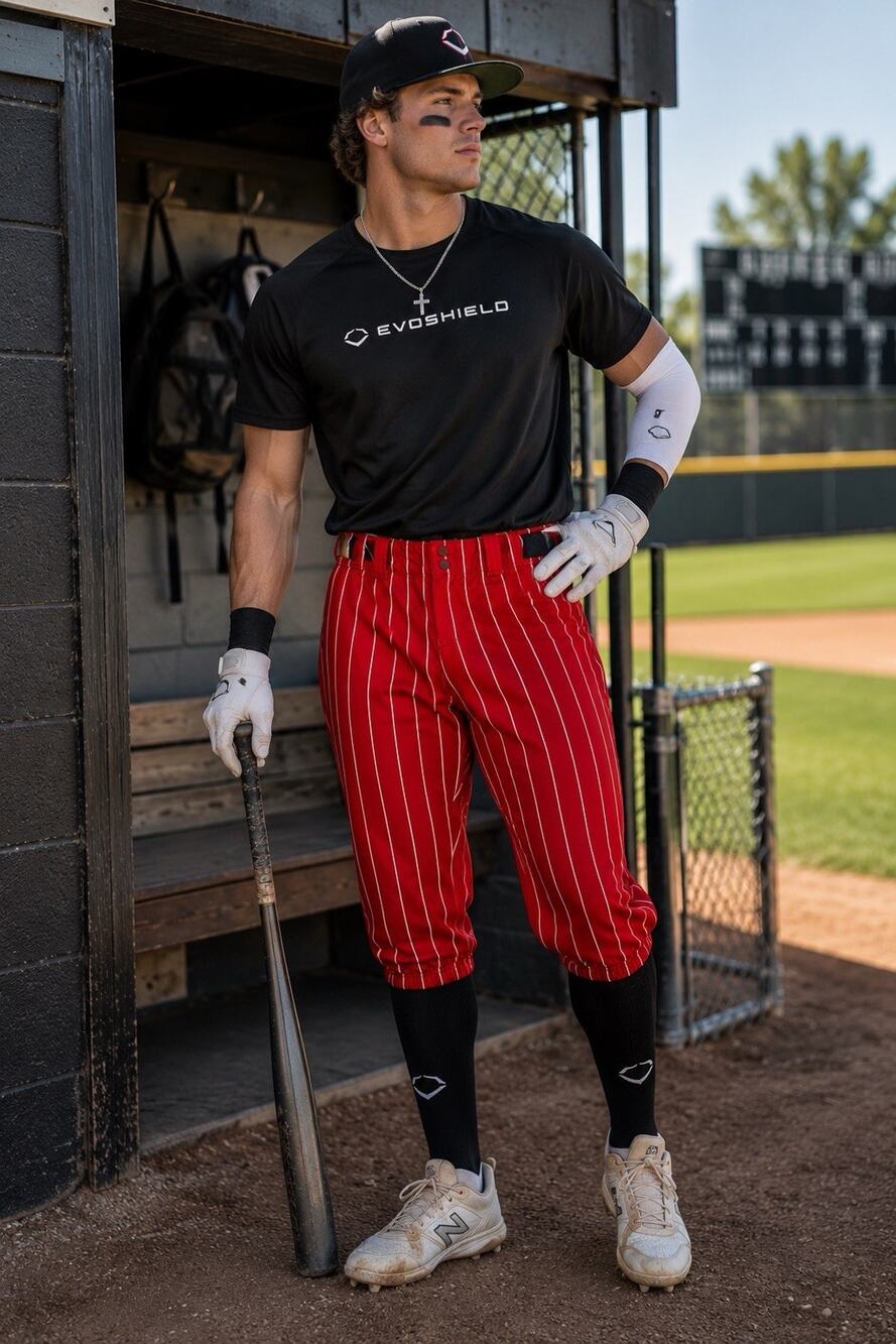 EvoShield Men’s Red White Pinstripe Elastic Cuff Uniform Baseball Pants Size XL